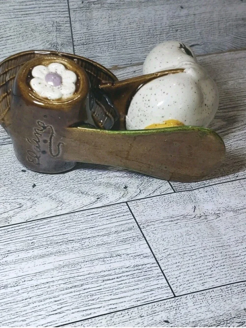 Vtg Ceramic Easter Decor Chick Bunny Egg Wagon Wheelburrow Signed Elaine